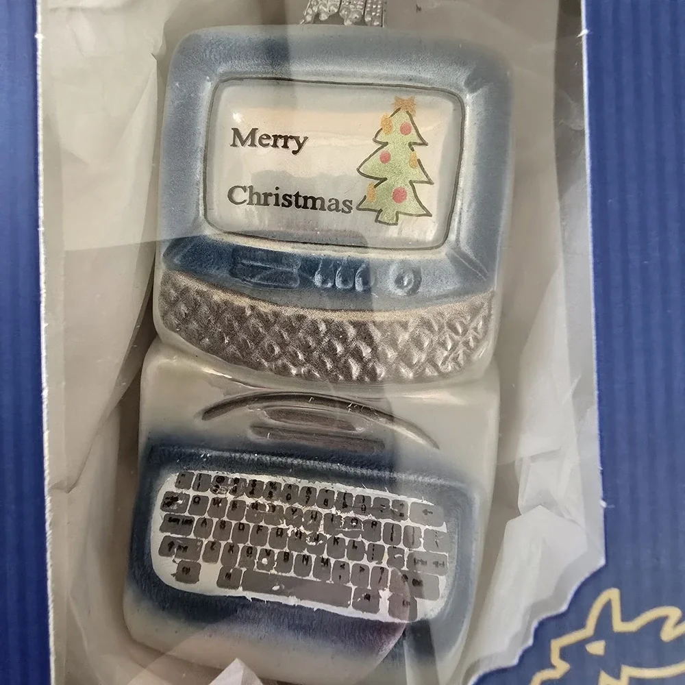 German Hand Blown Glass Computer Ornament Lauscha Merry Christmas Box